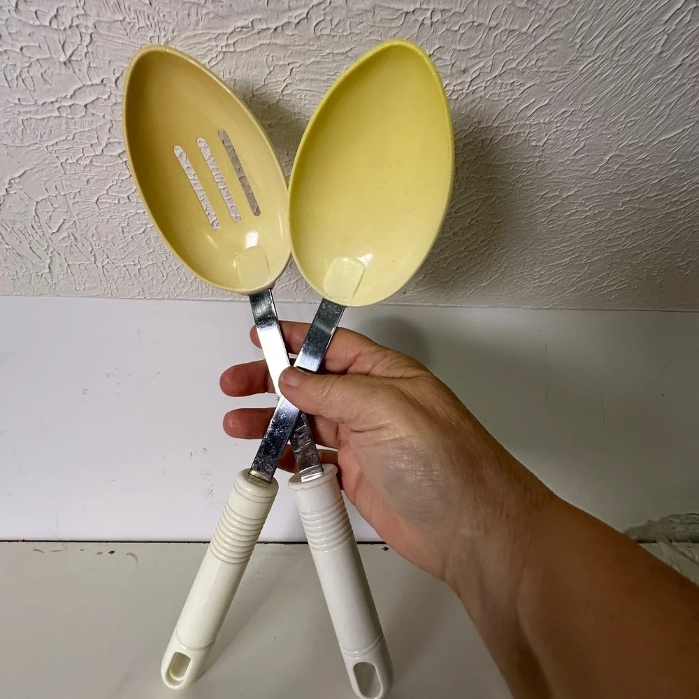Vintage Kitchen Utensil Set Yellow Serving Spoons Spatula Tongs Stainless Steel